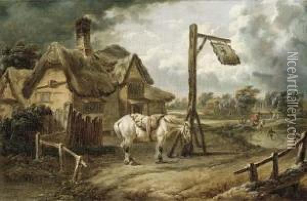 A Horse Tethered Before An Inn On A Blustery Day Oil Painting - Charles Towne