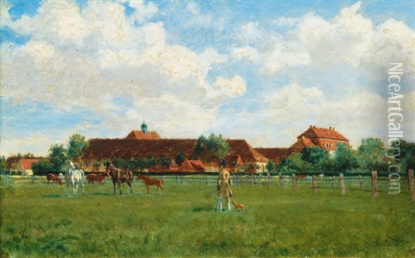Stud Farm In Graditz And Its Owner Oil Painting - Eduard Ockel