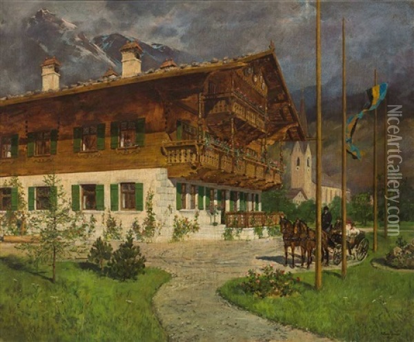 Prachtvolles Gehoft In Oberbayern Vor Aufragendem Massiv Oil Painting - Michael Zeno Diemer
