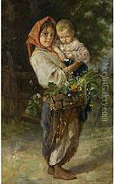 Bauernmadchen Mit Kind Und Korb Oil Painting - Lukijan Popoff