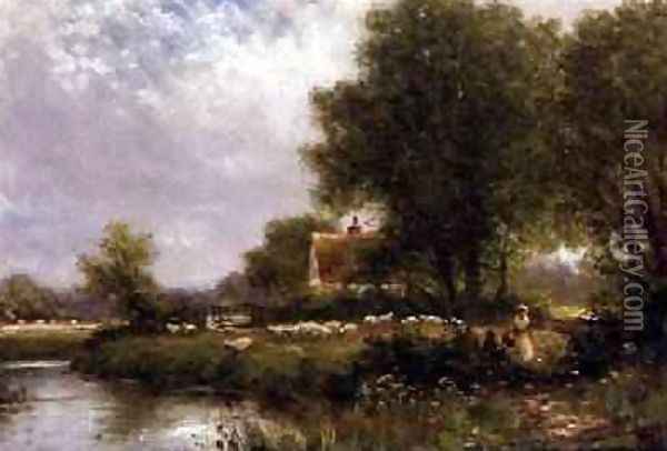 Sheep by a River Oil Painting - Henry Maidment