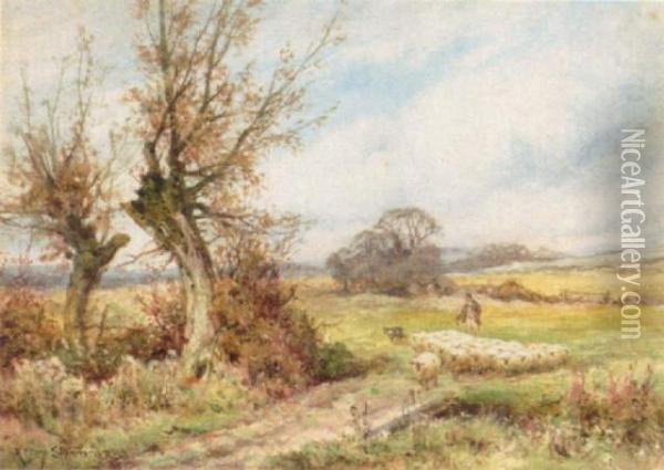 Shepherd And Flock Oil Painting - Henry Stannard
