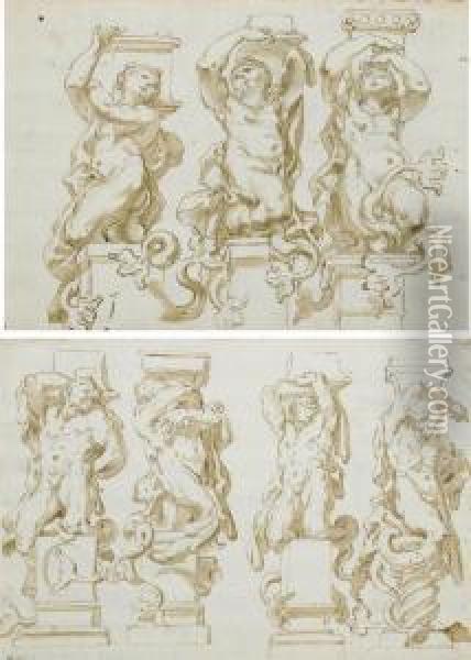 Quatre Telamons En Forme De Tritons Oil Painting - Domenico Parodi
