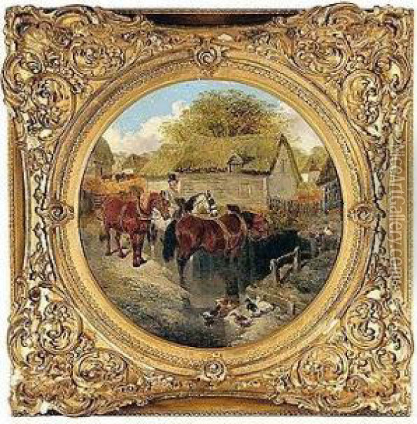 Farmyard Scene With Horses Watering Oil Painting - John Frederick Herring Snr