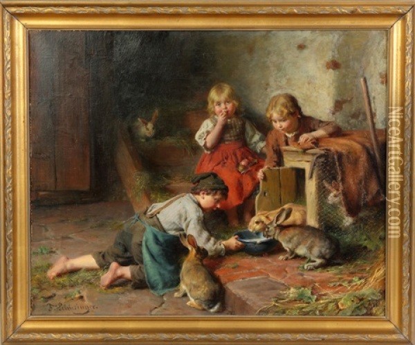 Children Feeding Rabbits Oil Painting - Felix Schlesinger