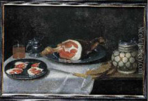 Nature Morte Au Jambon Et Pichet Sur Un Enta-blement Oil Painting - Alexander Adriaenssen