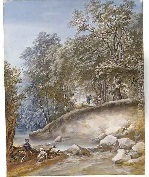 A stream through a wood with travellers by a ford Oil Painting - Dutch School