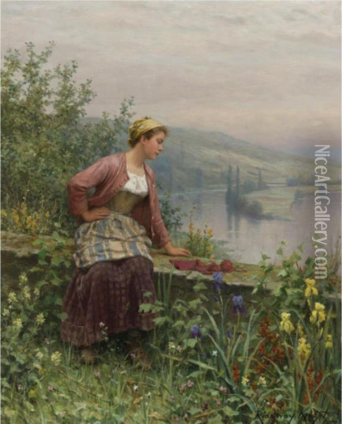 Brittany Girl Overlooking A Stream Oil Painting - Daniel Ridgway Knight