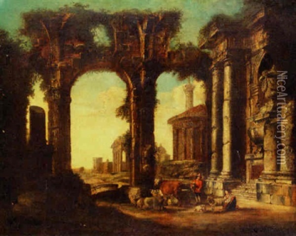 A Capriccio Of Classical Ruins With Drovers Oil Painting - Giovanni Paolo Panini