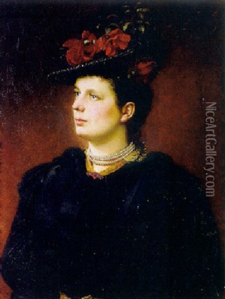 Portrait Einer Hubschen Frau Mit Blumengeschmucktem Hut Oil Painting - August Wilhelm Ludolf Stegmann