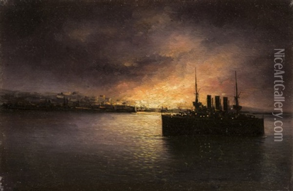 Ship At Anchor Oil Painting - Grigorij Kapustin