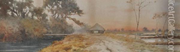 Rural River Scene Oil Painting - Tokusa Buro Kobayashi
