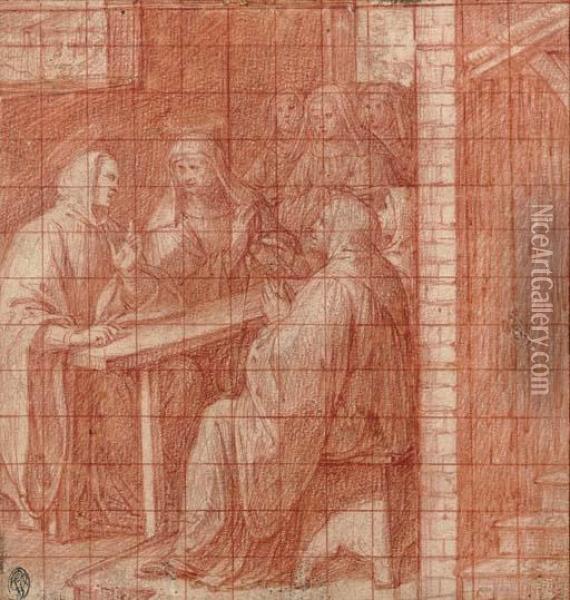Saint Benoit Et Sainte Scholastique I Table, Entoures De Moines Et De Nonnes Oil Painting - Camillo Procaccini