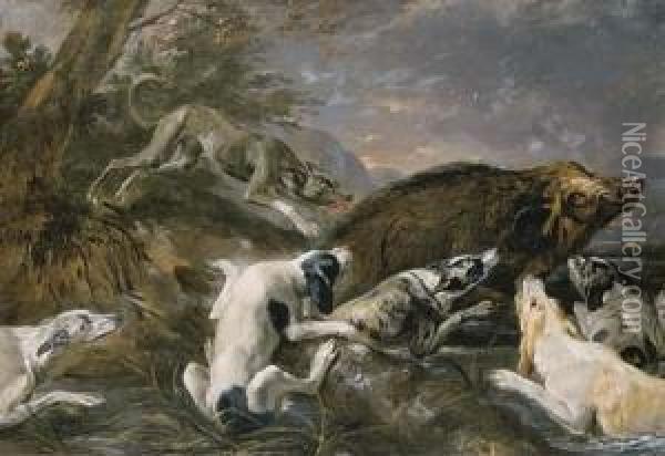 Hounds Attacking A Boar In A River Landscape Oil Painting - Abraham Hondius