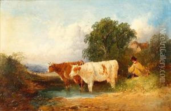 Cattle Watering With Cowherd Oil Painting - Joseph Horlor