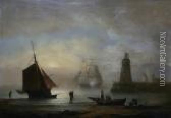 Shore Scene With Fishermen Tending Their Nets Oil Painting - Thomas Luny