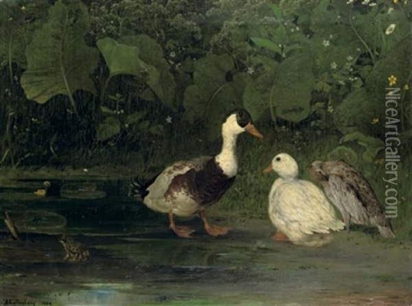 Three Ducks On A Pond Oil Painting - Anders Hanson Kallenberg