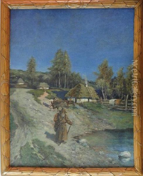Pejzaz Wiejski Z Wedrownym Dziadem Oil Painting - Adolf Jacobi