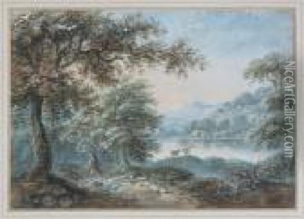 Lake Landscape With A Traveller Oil Painting - Paul Sandby