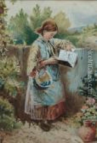 Girl Reading A Book Leant Upon A Fence Oil Painting - Myles Birket Foster