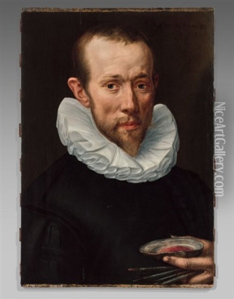 Portrait D'un Artiste Tenant Ses Pinceaux Et Une Coquille Oil Painting - Adriaen Thomasz Key