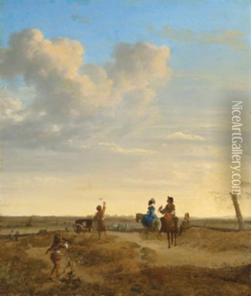 A Hawking Party In An Extensive Landscape Oil Painting - Adriaen Van De Velde