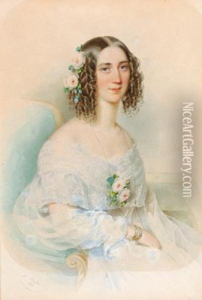 Dama In Abito Bianco Con Rose Nei Capelli Oil Painting - Leopold Fischer