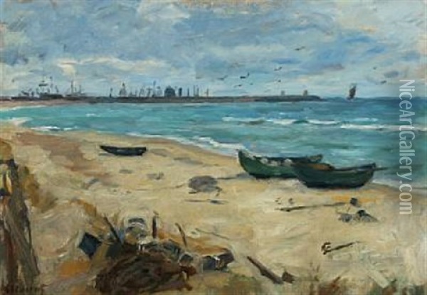 A Scene From Vester Strand, In The Background Skagen Harbour Oil Painting - Gad Frederik Clement