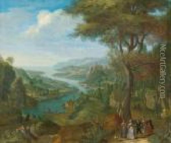 Bewaldete Fluslandschaft Mit Einer Burganlage Und Figuren Oil Painting - Jan Griffier I