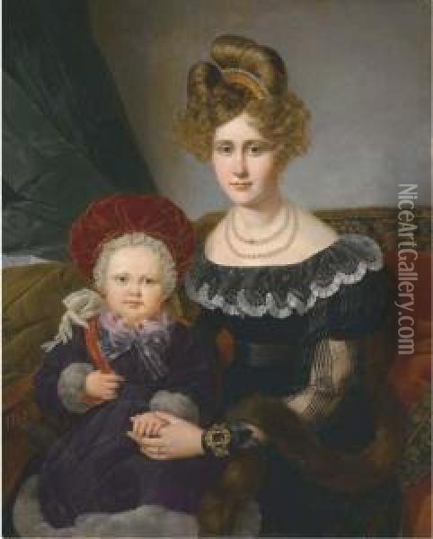 Portrait De Dame Assise, Son Fils Sur Ses Genoux Oil Painting - Alexandre Hesse