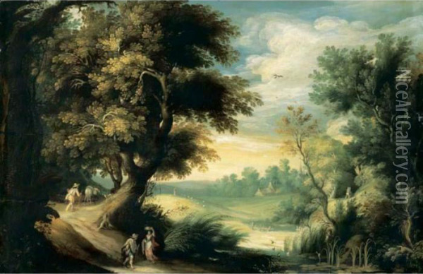 Forest Landscape With Travellers Near A Stream Oil Painting - Gijsbrecht Leytens