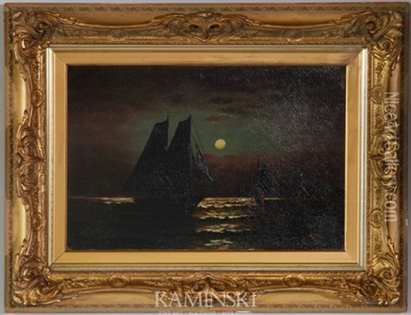 Ships In Harbor, Moonlight On The Hudson Oil Painting - Edward Moran