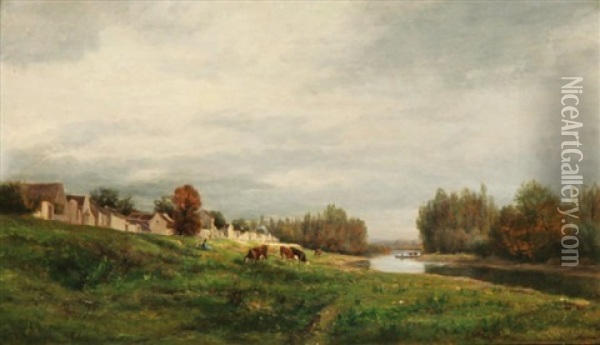 Troupeau Pres D'un Village A La Riviere Oil Painting - Jules Charles Rozier