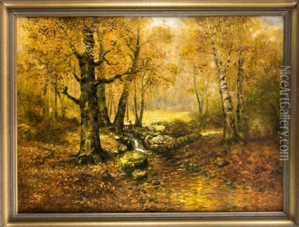 Herbstliches Waldstuck Mit Bachlauf Und Staffagefigu Oil Painting - Walter Moras