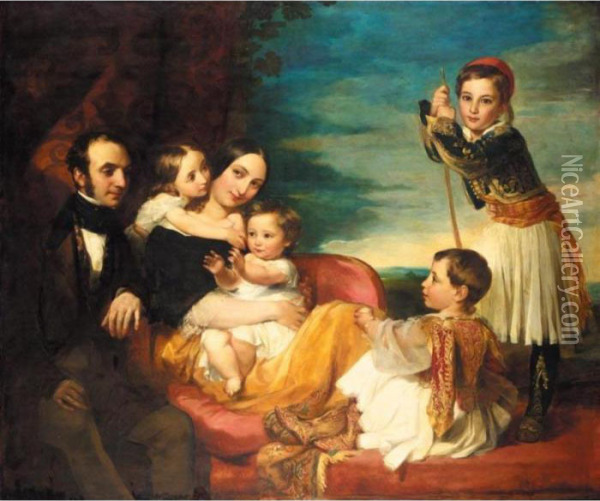 Alexander Constantine Ionides 
And His Wife Euterpe, With Their Children Constantine Alexander, Aglaia,
 Luke And Alecco Oil Painting - George Frederick Watts