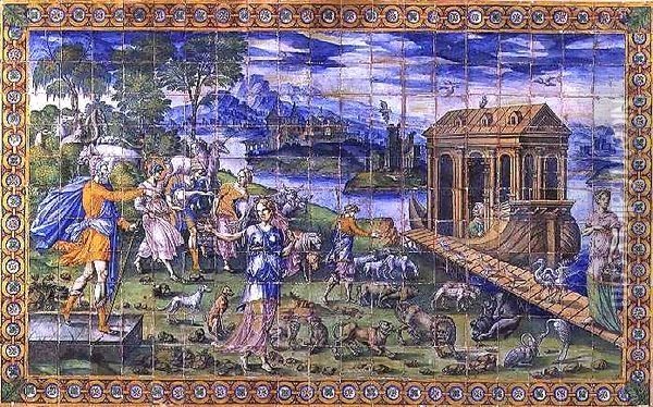 Tile depicting the Story of Noah Embarking in the Ark Oil Painting - Masseot Abaquesne