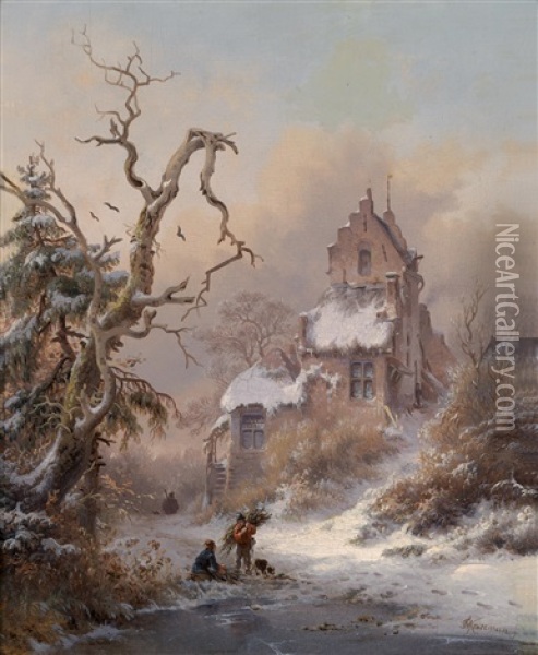 Winterlandschaft Mit Reisigsammler Oil Painting - Frederik Marinus Kruseman