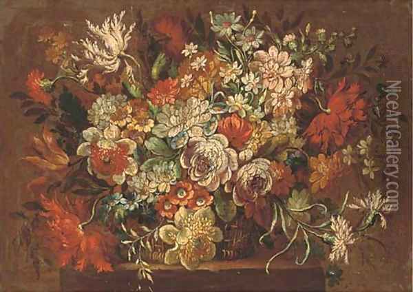 Summer flowers in a wicker basket Oil Painting - Pieter Hardime