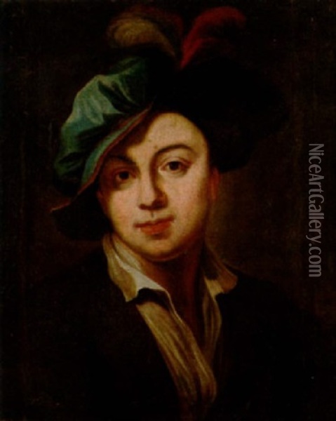 Portrait Of A Young Man In A Brown Coat And A Blue Plumed Hat Oil Painting - Johann (Jan) Kupetzki