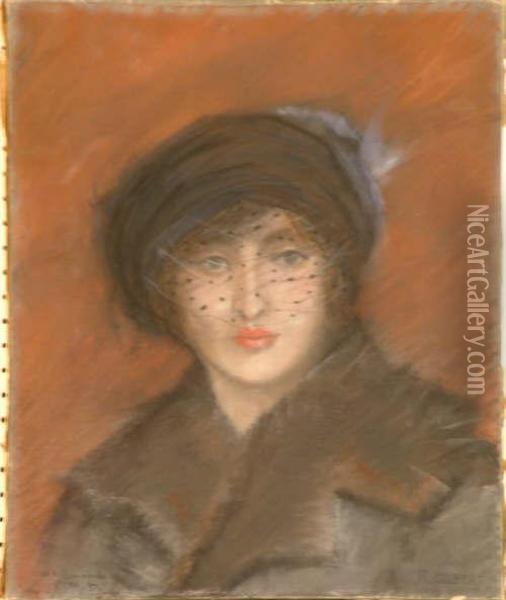 French Pastel Portrait Of A Lady Wearing A Veil Signed And Inscribed 'mon Camarade P.m.b' 18 X 15in Oil Painting - Rene Joseph Gilbert