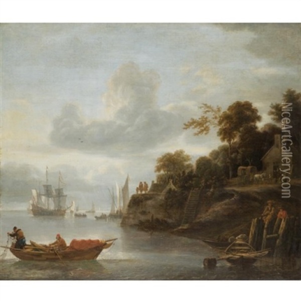 A River Estuary With Men Casting Their Nets And A Cottage And Horses Beyond Oil Painting - Lieve Pietersz Verschuier