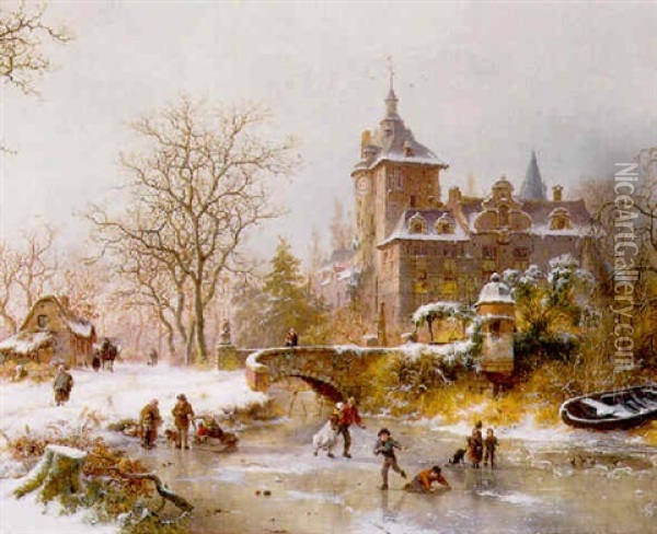 A Frozen Winter Landscape With Skaters On A Pond Oil Painting - Frederik Marinus Kruseman