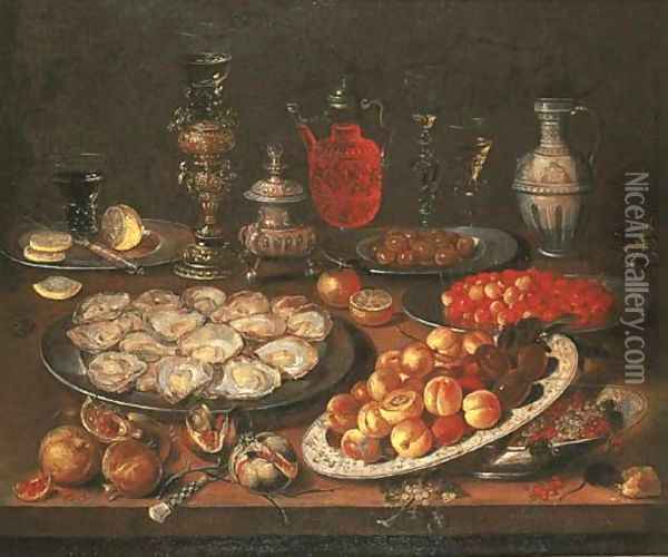 Oysters, peaches, cherries, redcurrants and olives on plates Oil Painting - Osias, the Elder Beert