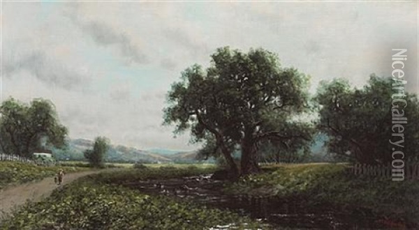 Summer Stream With Figures Walking Nearby, Thought To Be Sacramento Valley Oil Painting - Ransom Gillet Holdredge