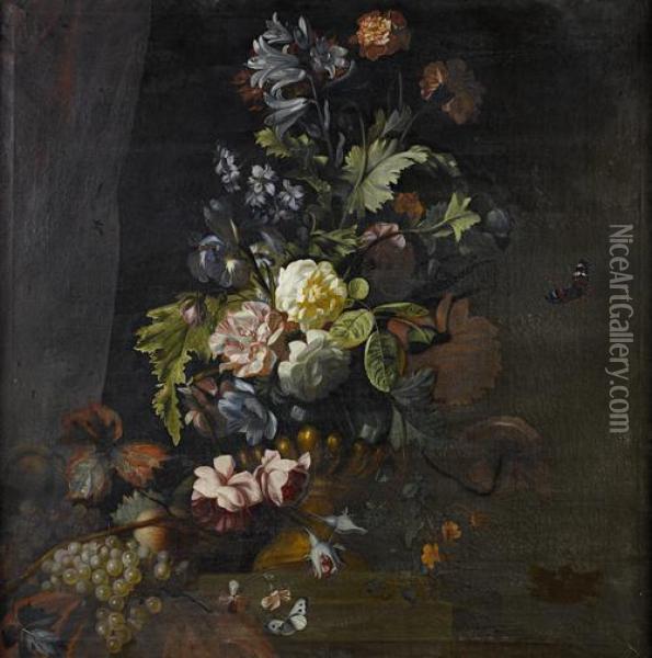 Roses, Lilies, Irises And Other Flowers In An Urn On A Table Ledge Oil Painting - Simon Pietersz. Verelst