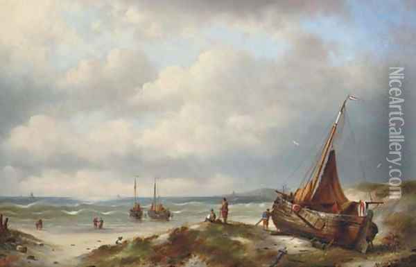Bomschuiten on the coastline Oil Painting - Jacob Ten Hagen