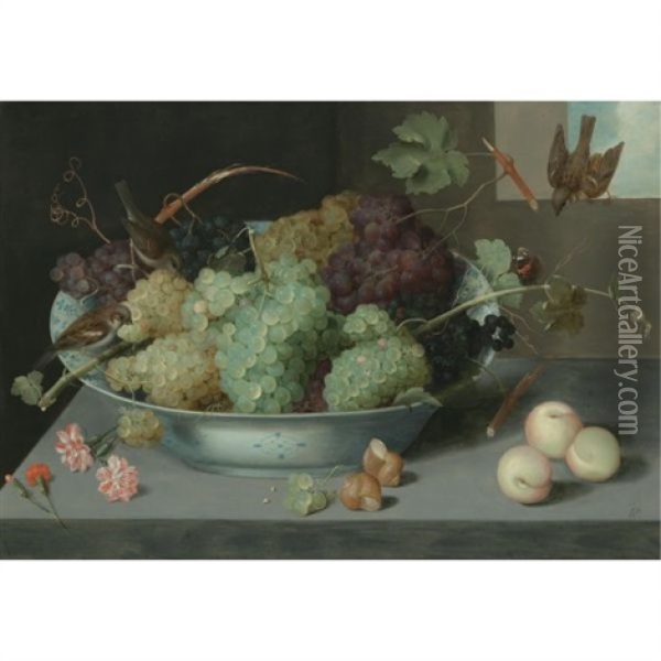 Still Life With Bunches Of Grapes In A Porcelain Bowl, Three Sparrows, And A Butterfly, With Peaches And Snails On The Stone Ledge Below Oil Painting - Pieter Binoit