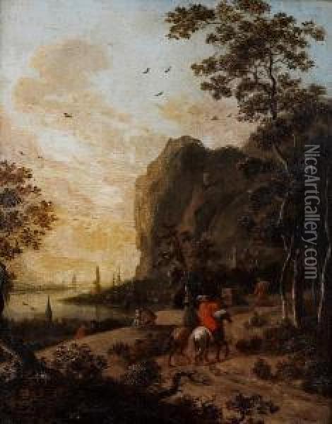 Travellers On A Country Path Before Anitalianate Coastal Landscape Oil Painting - Jan Gabrielsz. Sonje