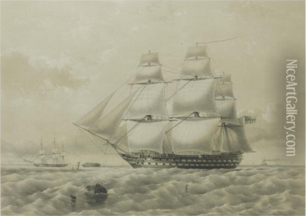 H. M. S. Albion. 90 Guns Oil Painting - Henry A. Luscombe