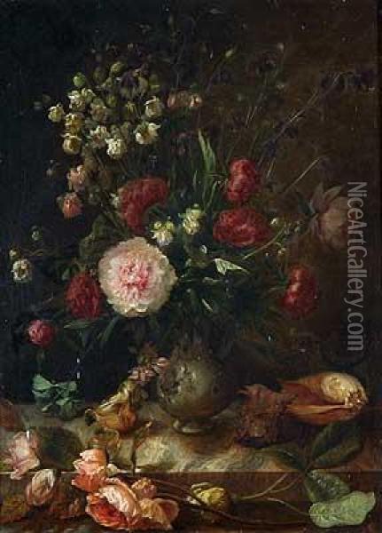 Blumenstillleben Mit Verschiedenen Muscheln Oil Painting - Pierre-Louis-Joseph de Coninck
